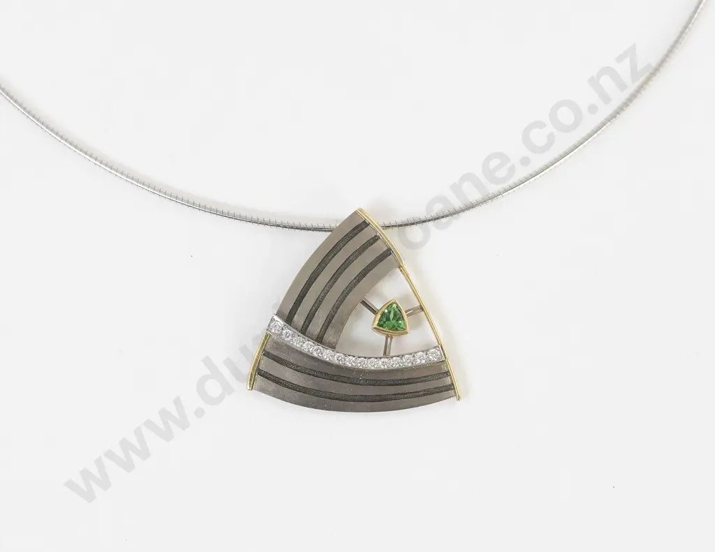 NZ Jeweller Tony Williams 18ct and Platinum Diamond and Garnet Triangular Pendant Image 1++