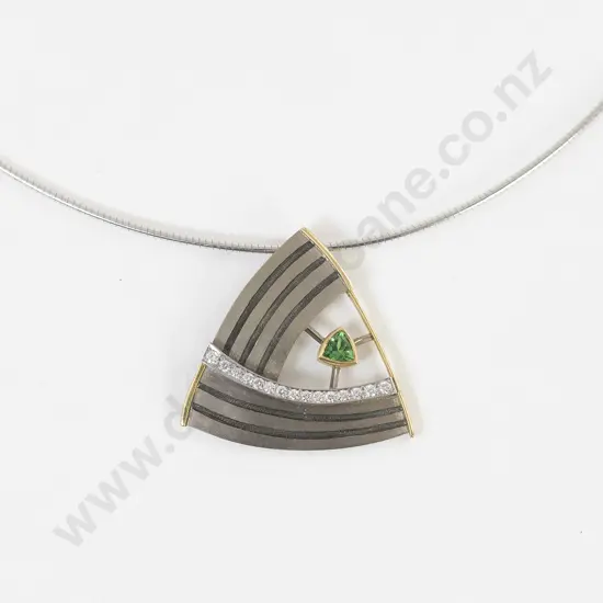 NZ Jeweller Tony Williams 18ct and Platinum Diamond and Garnet Triangular Pendant
