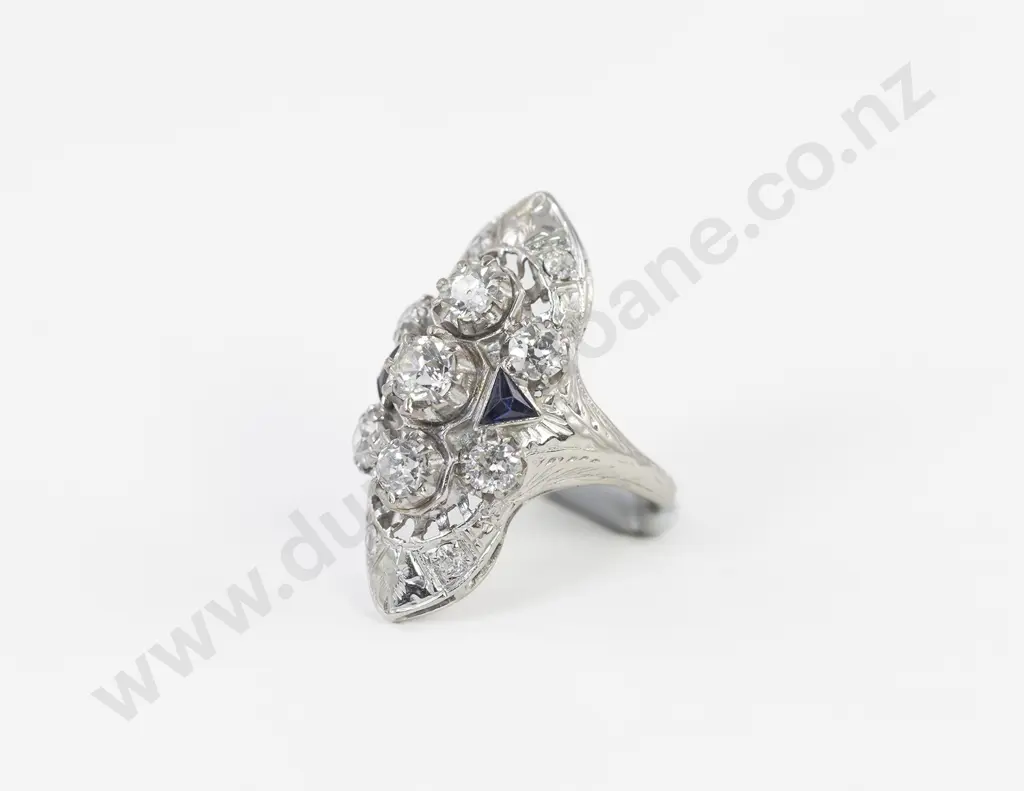 All Platinum Art Deco Diamond and Sapphire Cluster Ring Image 1++
