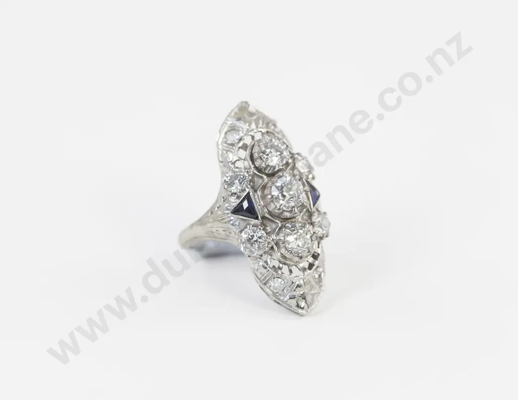 All Platinum Art Deco Diamond and Sapphire Cluster Ring Image 1++