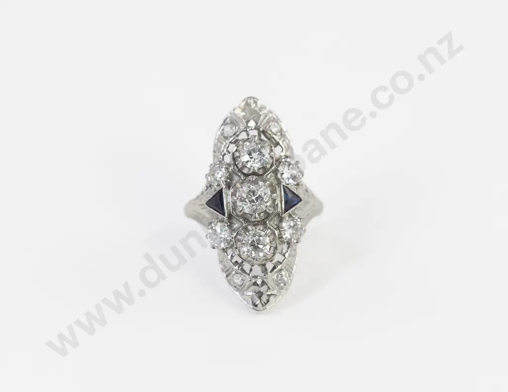 All Platinum Art Deco Diamond and Sapphire Cluster Ring Image 1++