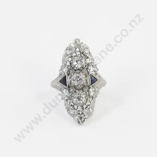All Platinum Art Deco Diamond and Sapphire Cluster Ring
