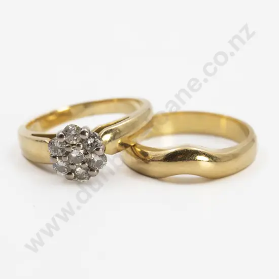 18ct Seven Stone Diamond Cluster Ring and Fitted Curve Wedding Band