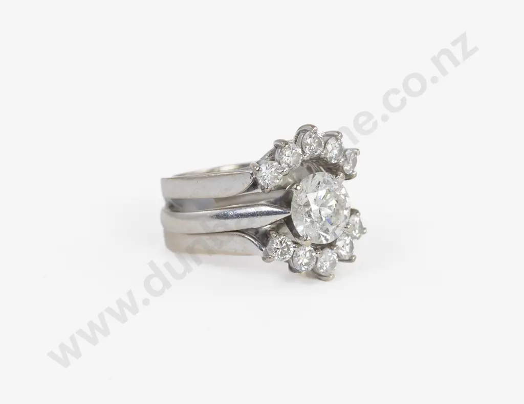 14ct White Gold Solitaire Diamond Ring with Two Curved Fitted Diamond Bands Image 1++