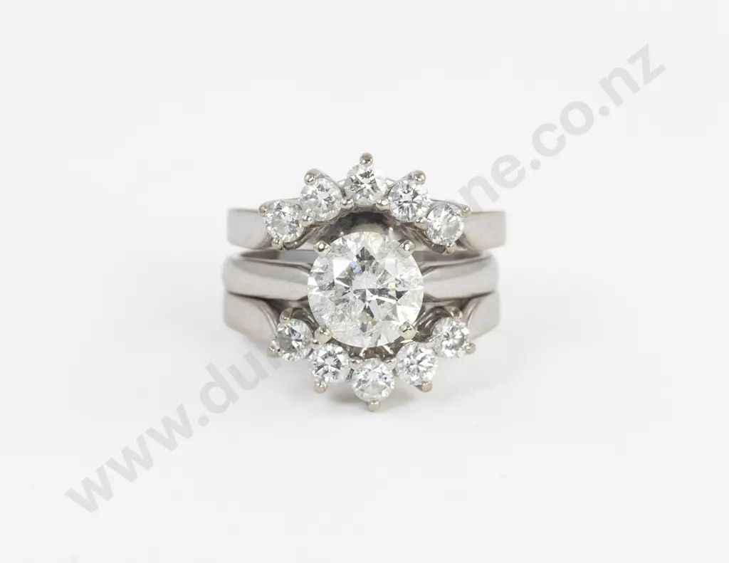 14ct White Gold Solitaire Diamond Ring with Two Curved Fitted Diamond Bands Image 1++
