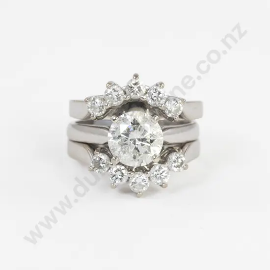 14ct White Gold Solitaire Diamond Ring with Two Curved Fitted Diamond Bands