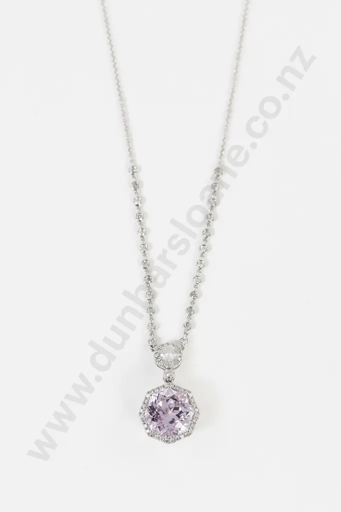 14ct White Gold Kunzite and Diamond Necklace Image 1++