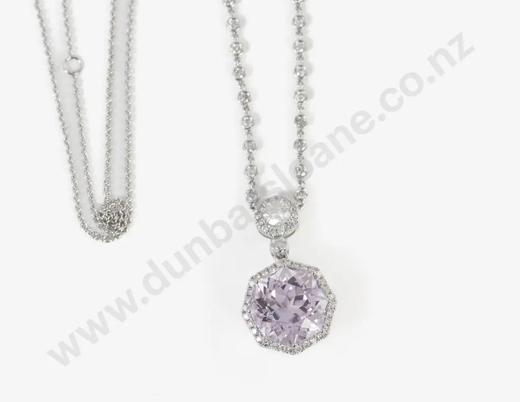 14ct White Gold Kunzite and Diamond Necklace Image 1++