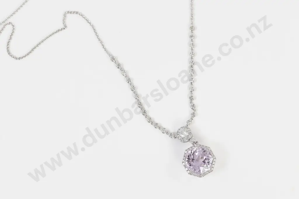 14ct White Gold Kunzite and Diamond Necklace Image 1++