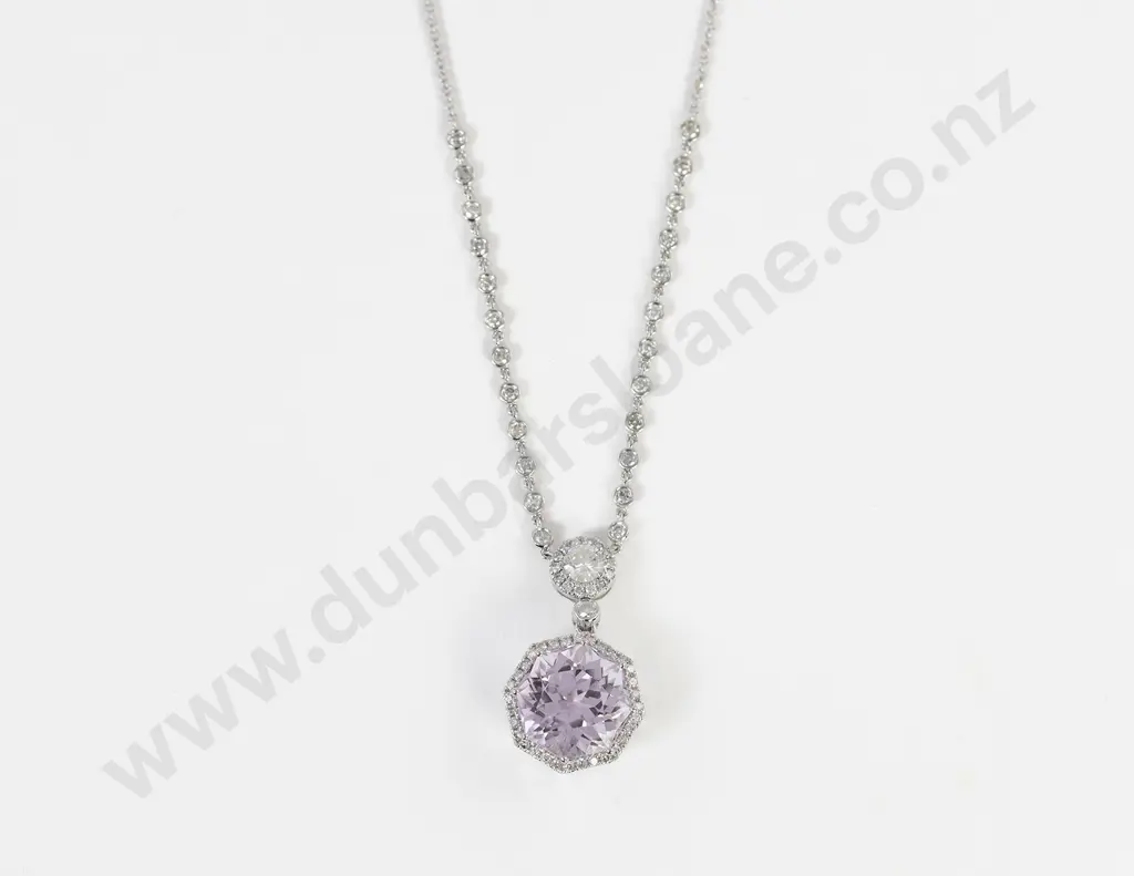 14ct White Gold Kunzite and Diamond Necklace Image 1++