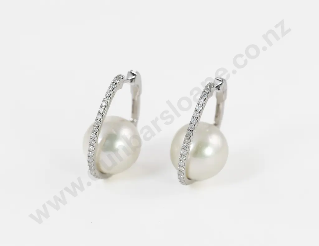 Pair 14ct White Gold South Sea Pearl and Diamond Earrings Image 1++