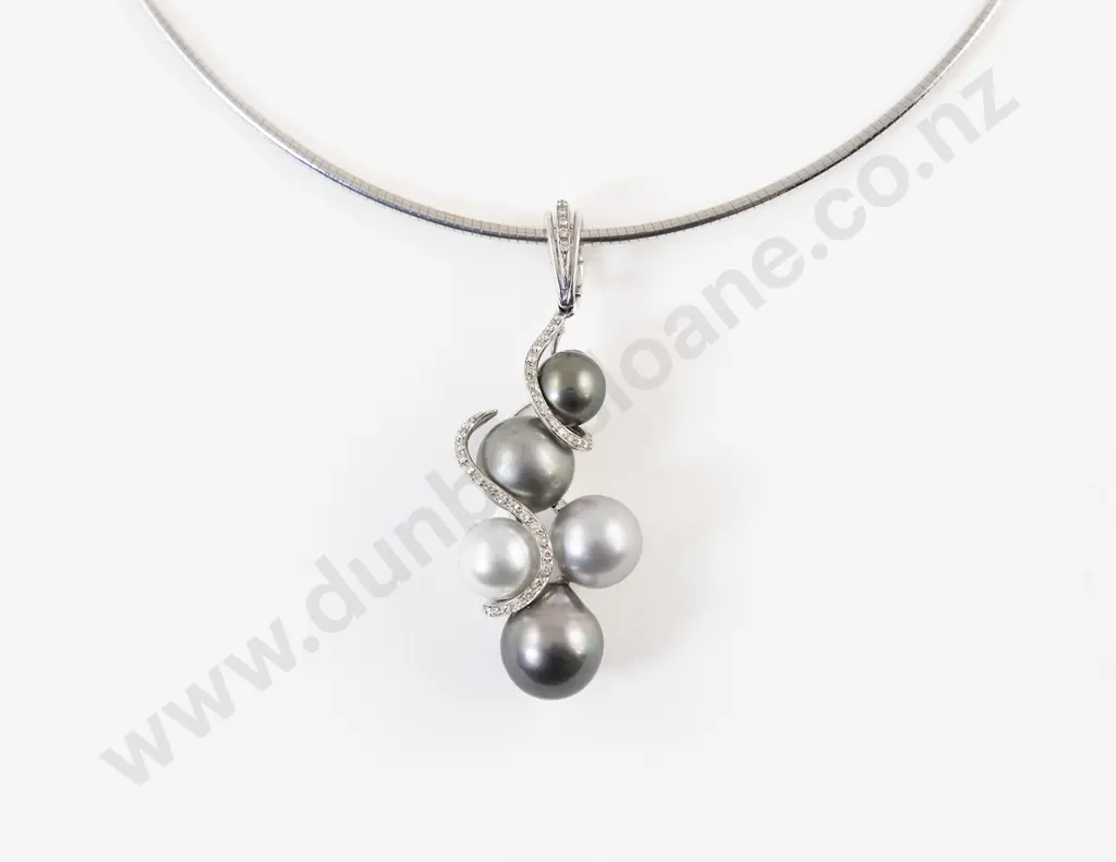 18ct White Gold Five South Sea Pearl and Diamond Pendant Image 1++