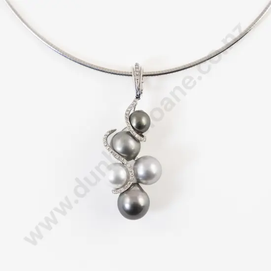 18ct White Gold Five South Sea Pearl and Diamond Pendant