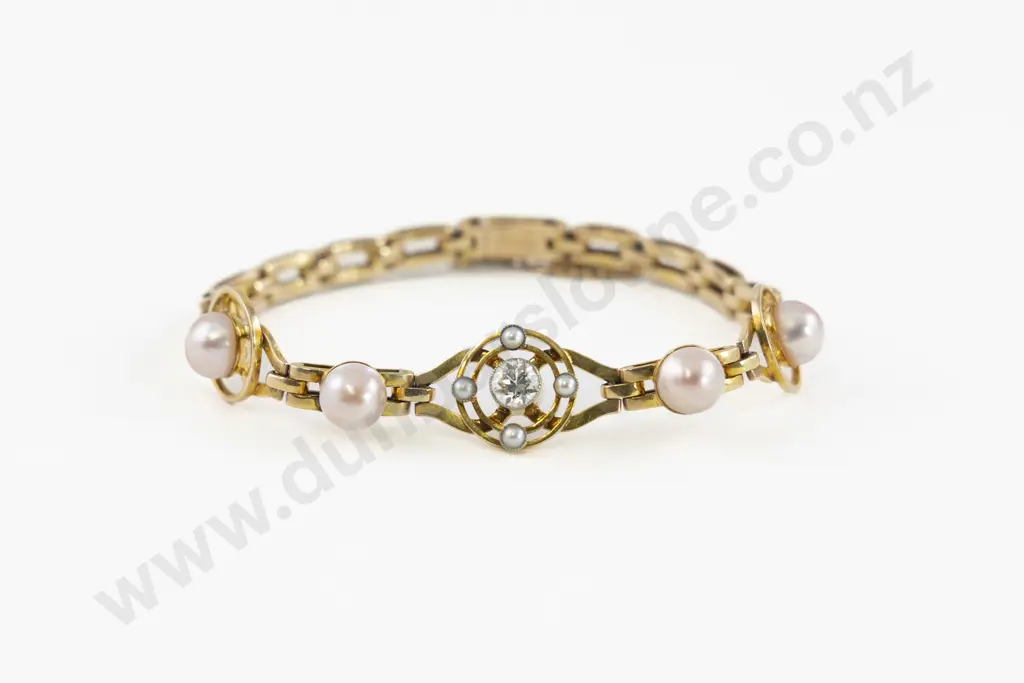Edwardian 15ct and Platinum Nine Stone Diamond and Pearl Bracelet Image 1++