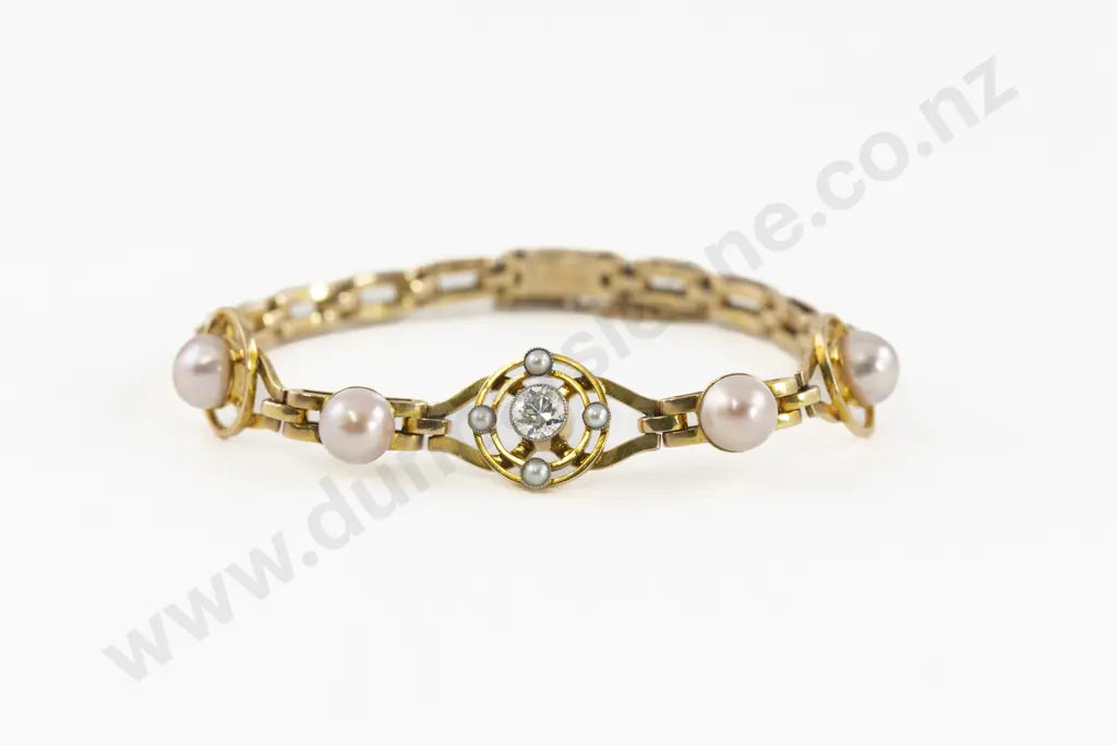 Edwardian 15ct and Platinum Nine Stone Diamond and Pearl Bracelet Image 1++