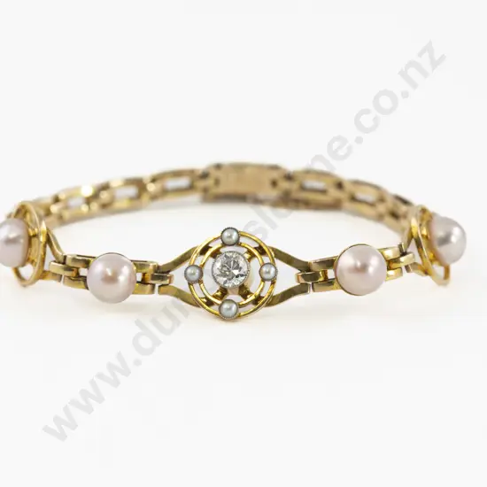Edwardian 15ct and Platinum Nine Stone Diamond and Pearl Bracelet