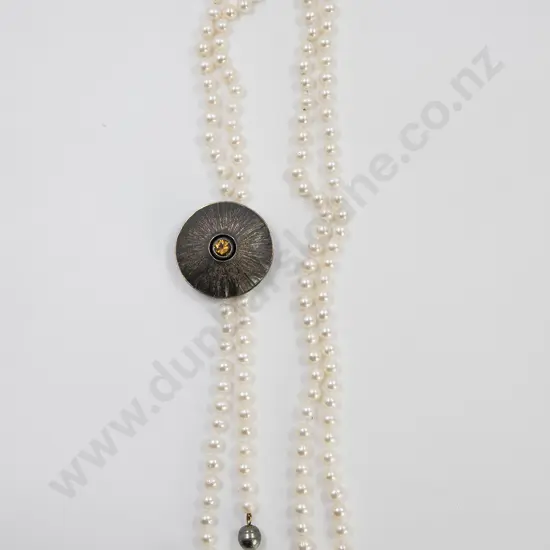 NZ Jeweller Chris Idour of Dunedin Single Strand Uniform Cultured Semi-Sautoir Pearl Necklace