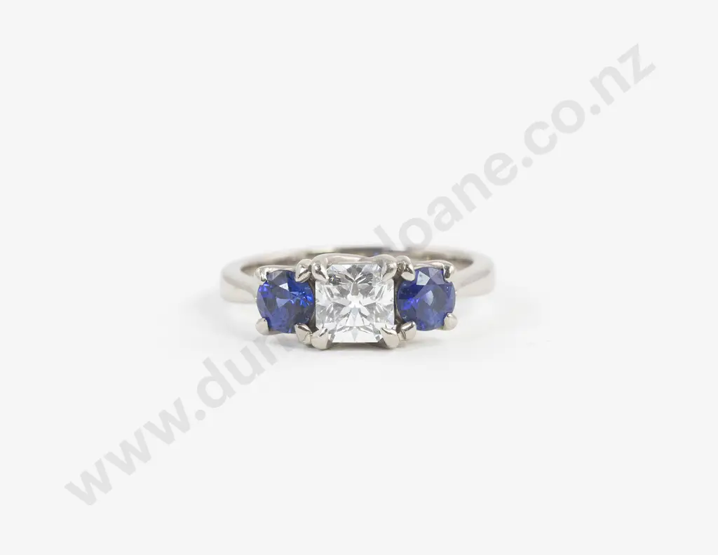 18ct White Gold Three Stone Diamond and Sapphire Ring Image 1++