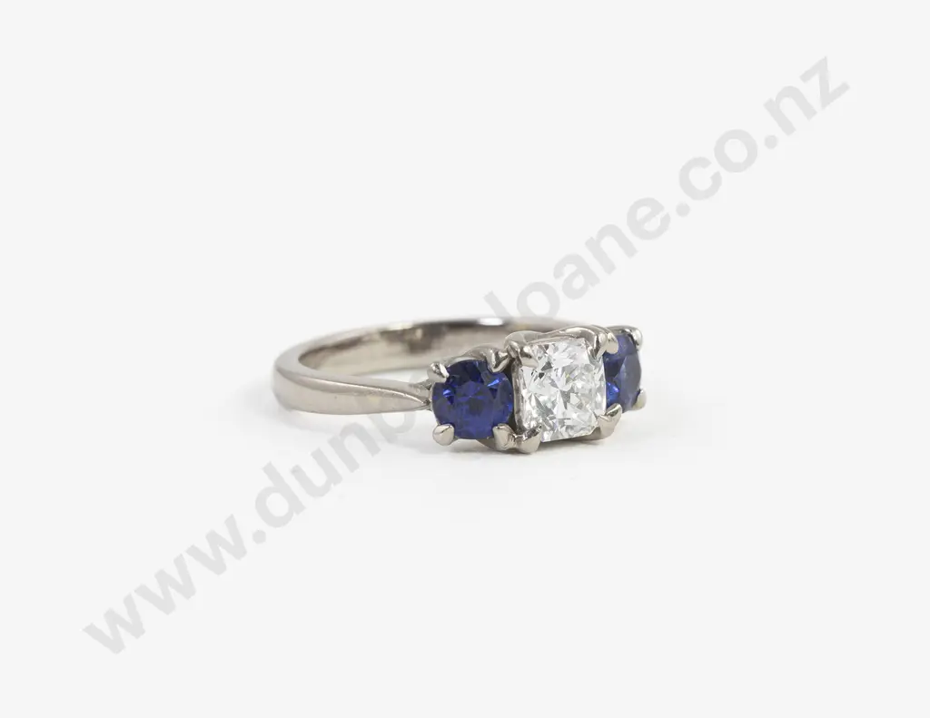 18ct White Gold Three Stone Diamond and Sapphire Ring Image 1++