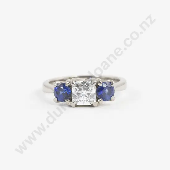 18ct White Gold Three Stone Diamond and Sapphire Ring