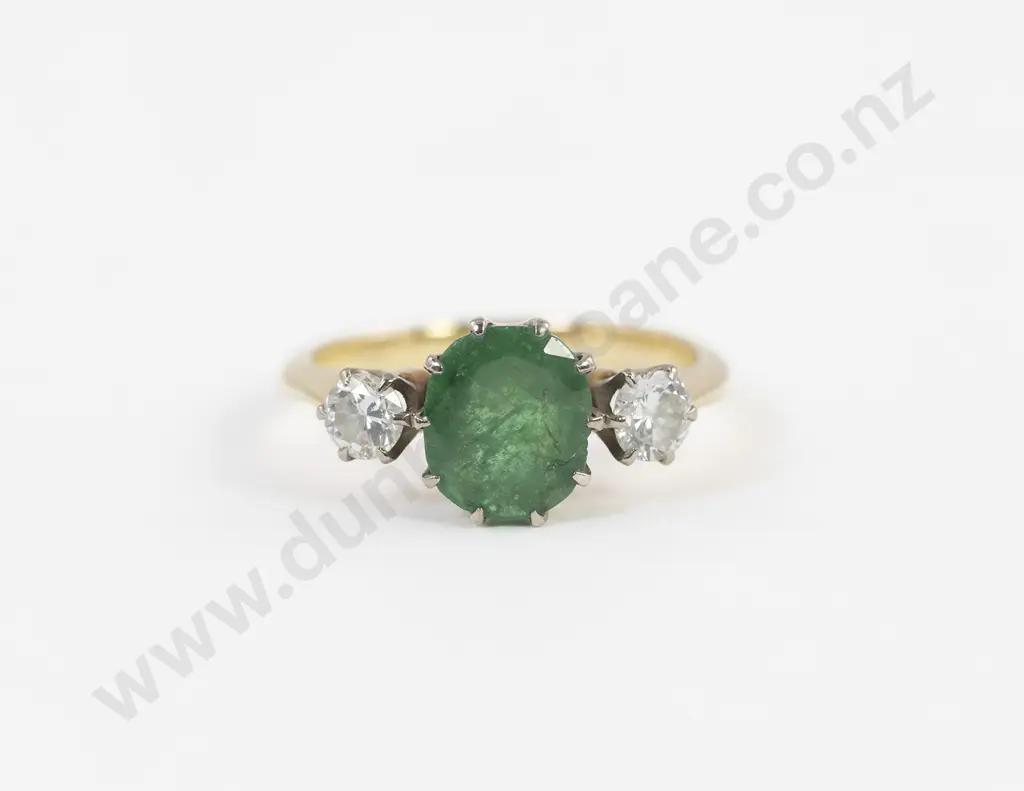 18ct Three Stone Emerald and Diamond Bridge Ring Image 1++
