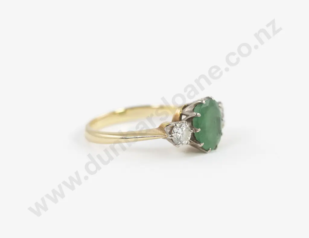 18ct Three Stone Emerald and Diamond Bridge Ring Image 1++