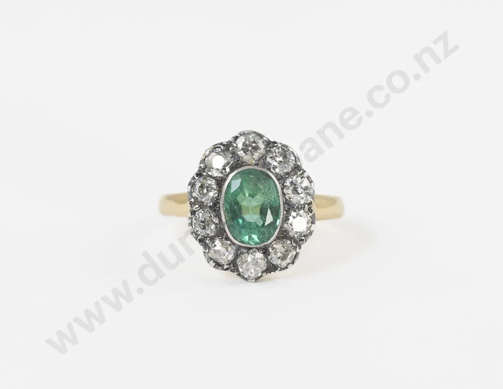 18ct Yellow Gold and Silver Eleven Stone Emerald and Diamond Cluster Ring Image 1++