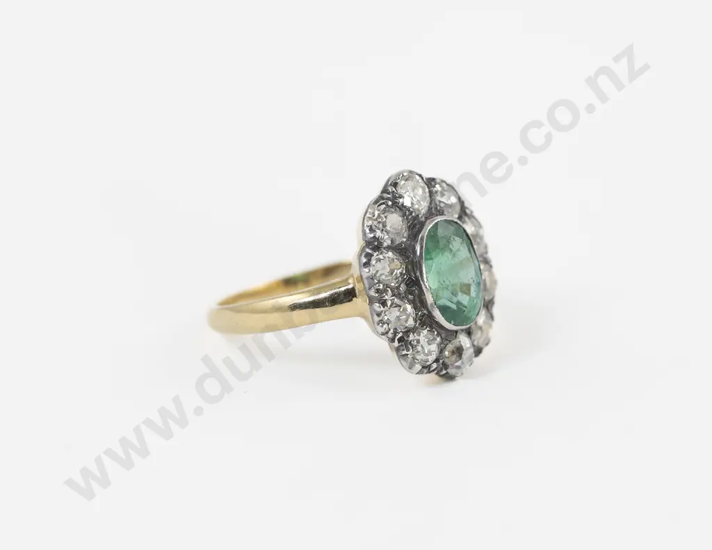 18ct Yellow Gold and Silver Eleven Stone Emerald and Diamond Cluster Ring Image 1++