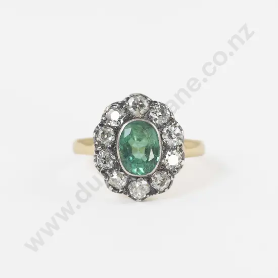 18ct Yellow Gold and Silver Eleven Stone Emerald and Diamond Cluster Ring