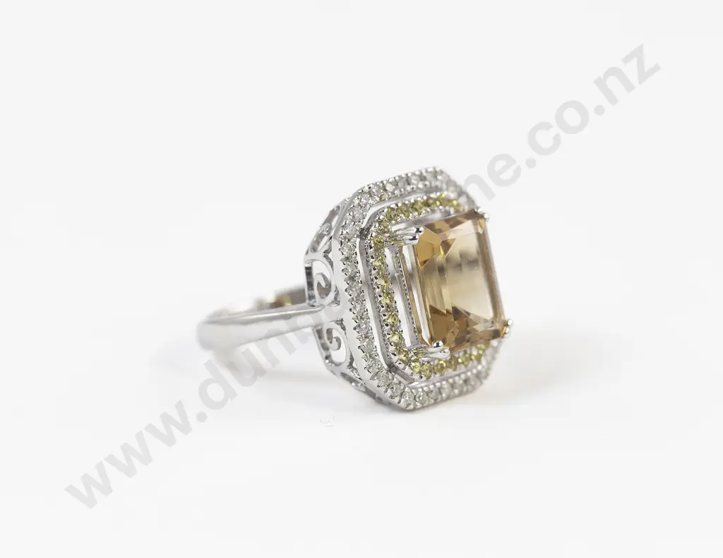 14ct White Gold Single Heliodor Sapphire and Diamond Cluster Ring Image 1++