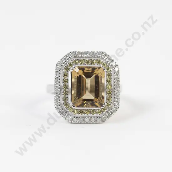 14ct White Gold Single Heliodor Sapphire and Diamond Cluster Ring