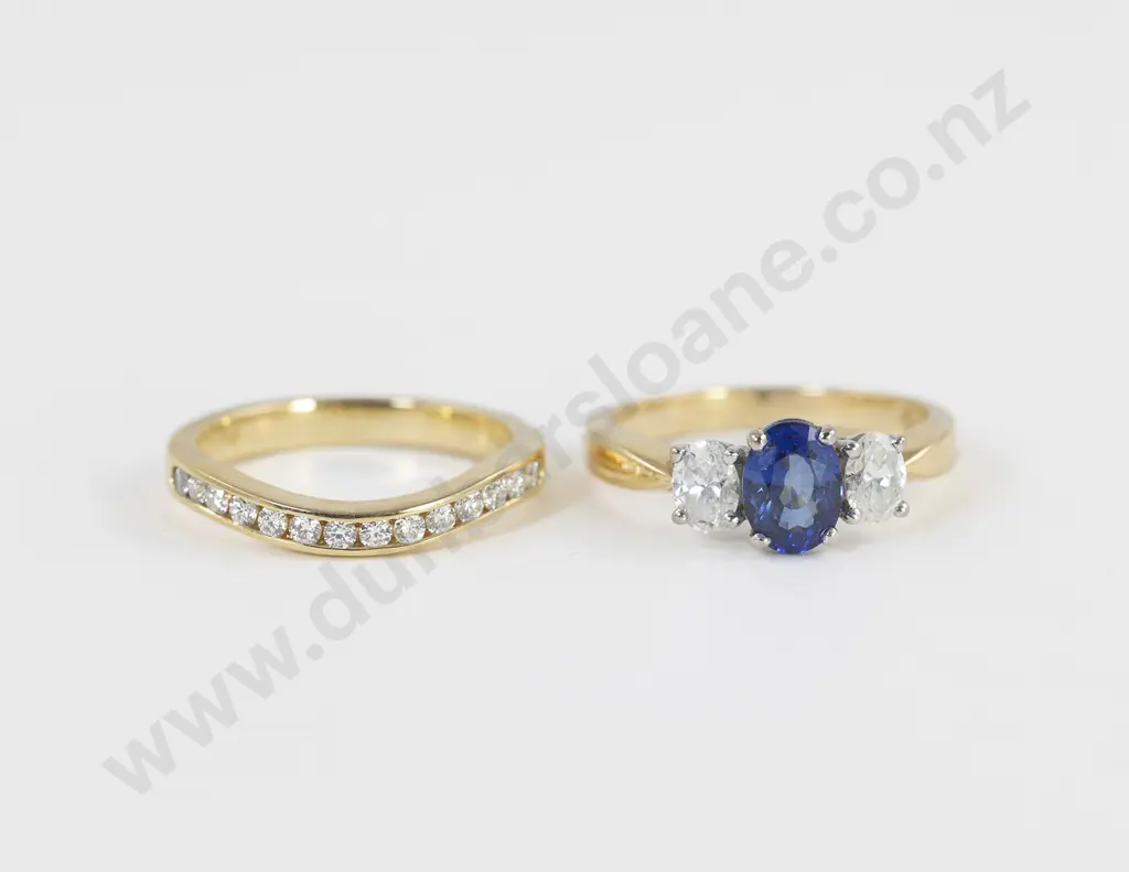 18ct Yellow Gold and Platinum Three Stone Sapphire and Diamond Bridge Ring Image 1++
