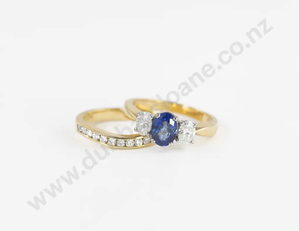 18ct Yellow Gold and Platinum Three Stone Sapphire and Diamond Bridge Ring Image 1++