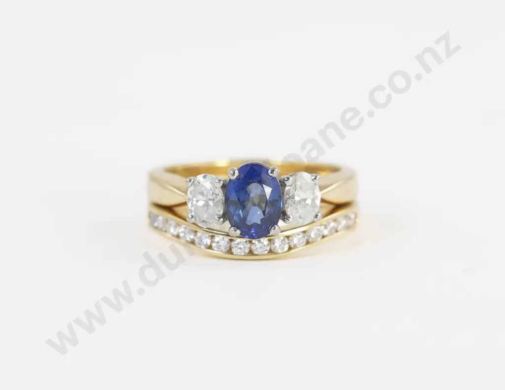 18ct Yellow Gold and Platinum Three Stone Sapphire and Diamond Bridge Ring Image 1++