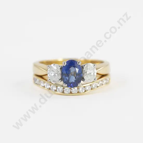 18ct Yellow Gold and Platinum Three Stone Sapphire and Diamond Bridge Ring
