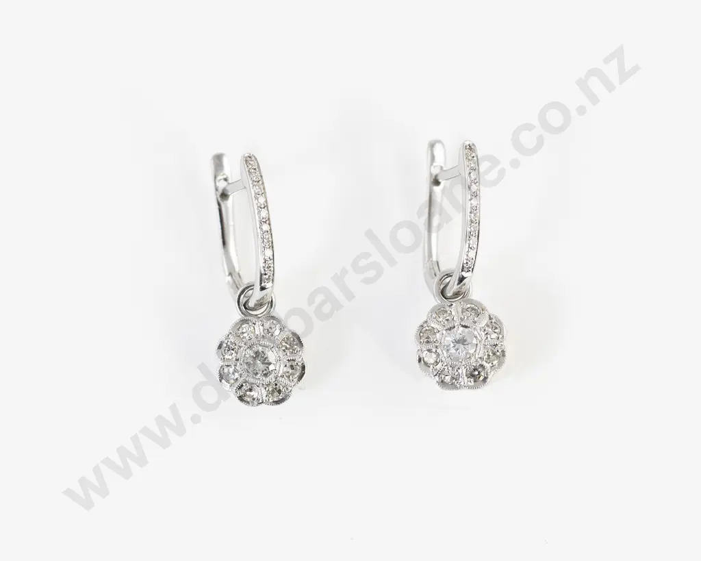 Pair 18ct White Gold Diamond Hoop Cluster Pendant Earrings Image 1++