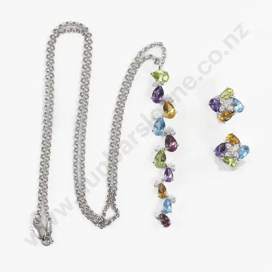 Gemtique 18ct White Gold Multi-Gem and Diamond Pendant