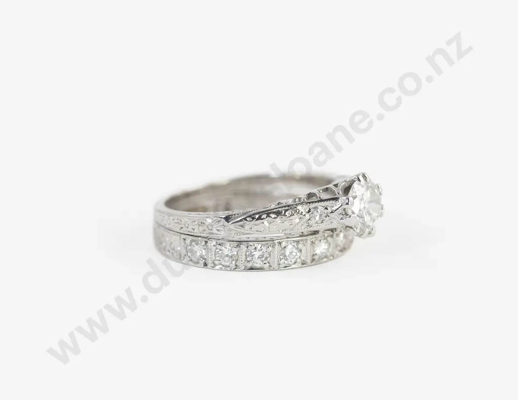 All Platinum Solitaire Diamond Ring and Wedding Band Image 1++