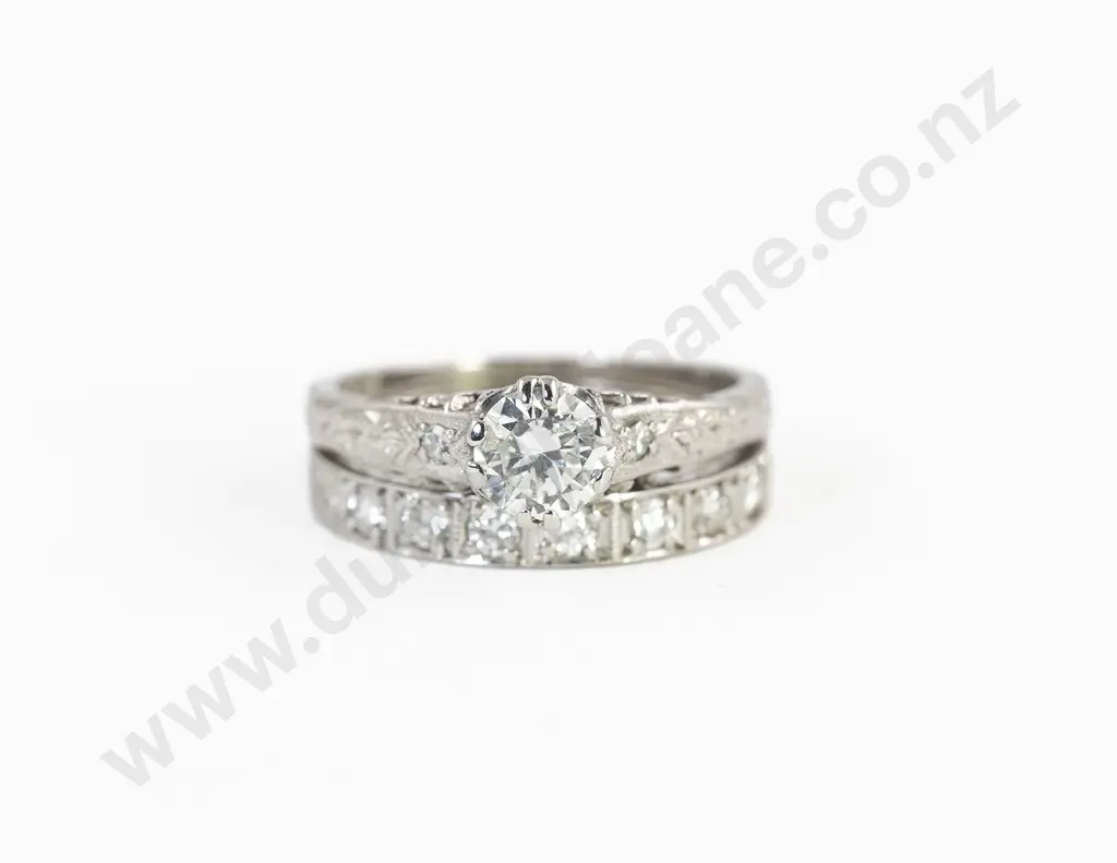 All Platinum Solitaire Diamond Ring and Wedding Band Image 1++