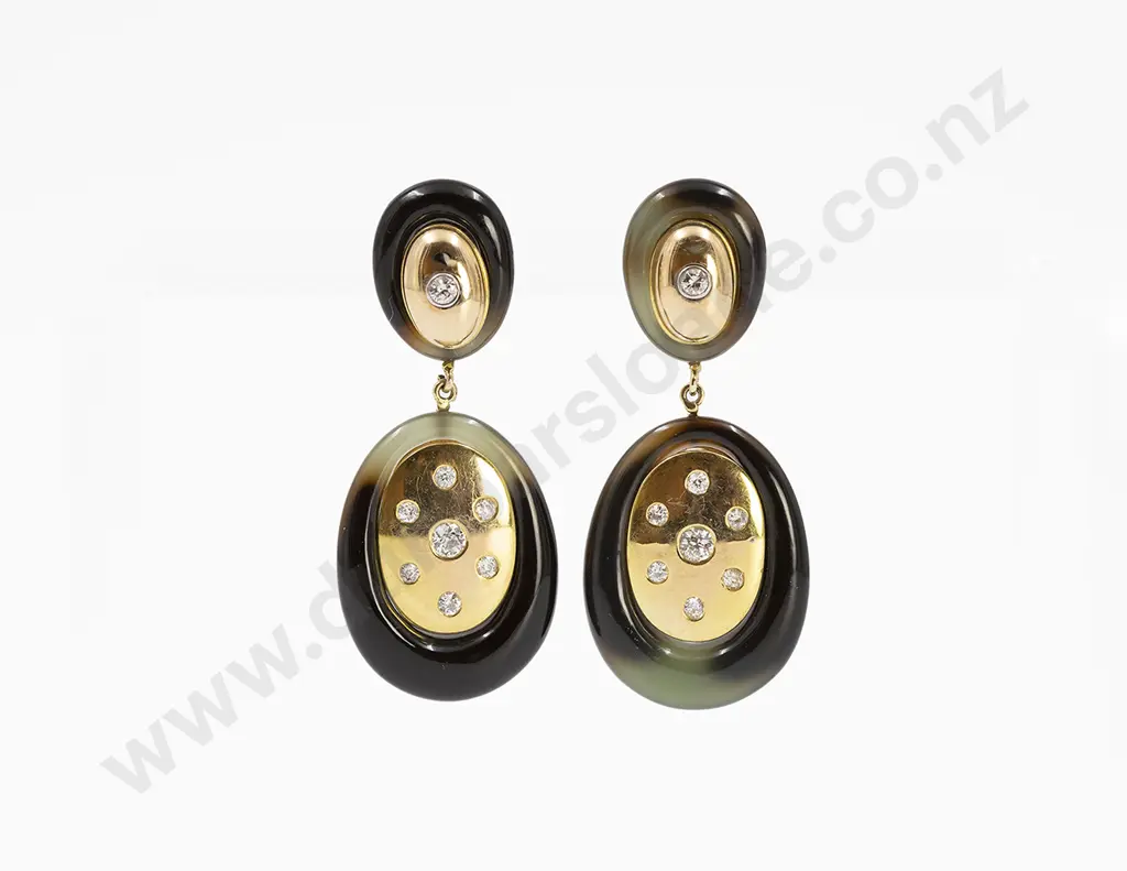 Pair 14ct Onyx and Diamond Drop Earrings Image 1++