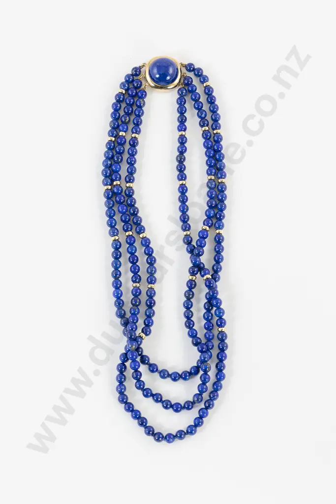 Uniform Triple Strand Lapis Lazuli and Gold Bead Necklace Image 1++