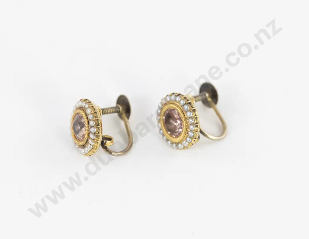Pair Early Victorian Gold Foil Backed Peridot and Seed Pearl Cluster Earrings Image 1++