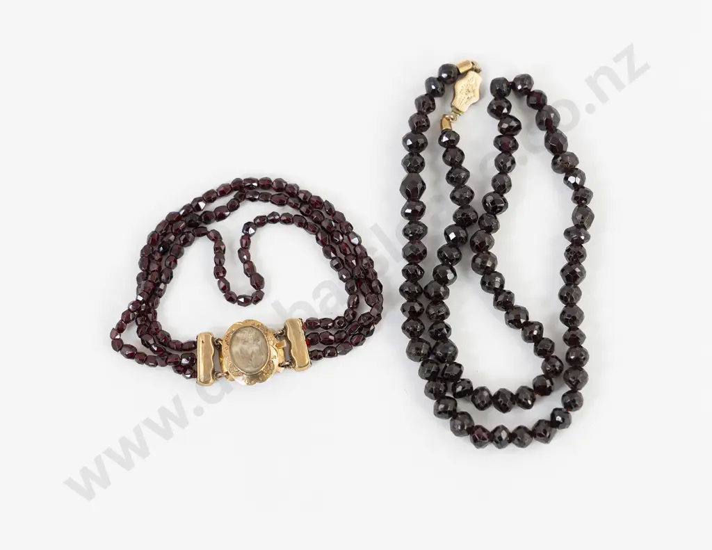 Early Victorian Three Strand Faceted Garnet Bead Bracelet Image 1++
