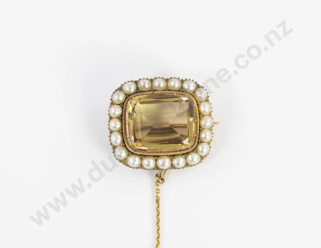 Early Victorian Gold Mounted Citrine and Half Natural Pearl Brooch Image 1++