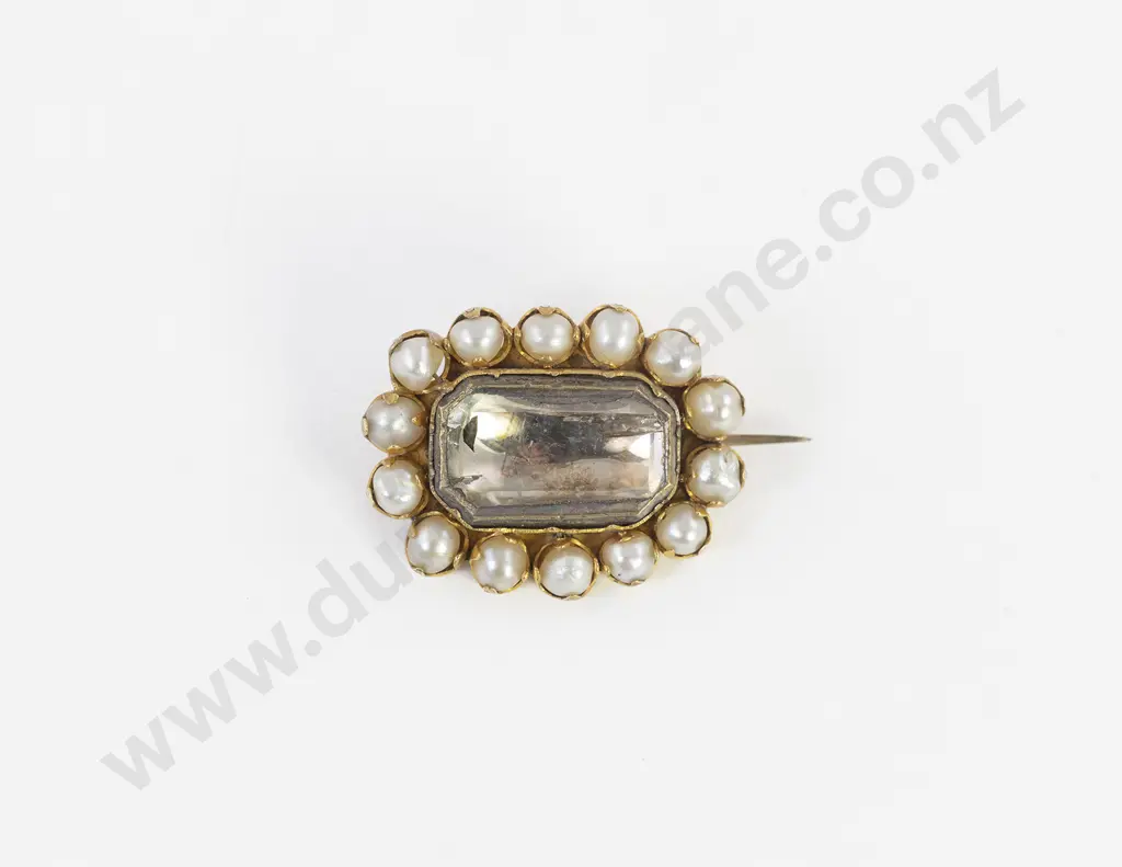 Victorian Gold Pearl and Rock Crystal Mourning Brooch Image 1++