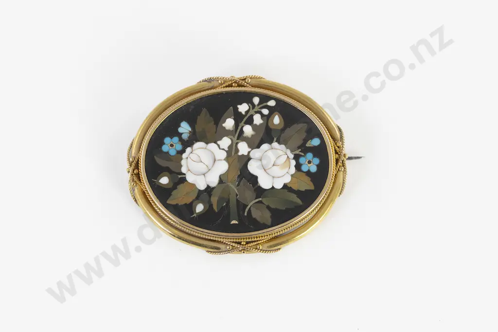 Vict 15ct Frame Pietra Dura Mosaic Brooch oval panel of roses Image 1++