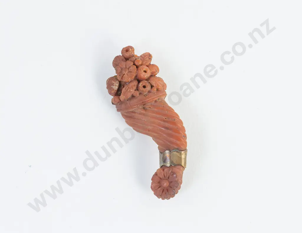 Late Georgian C1830's Carved Red Coral Cornucopia Brooch Image 1++