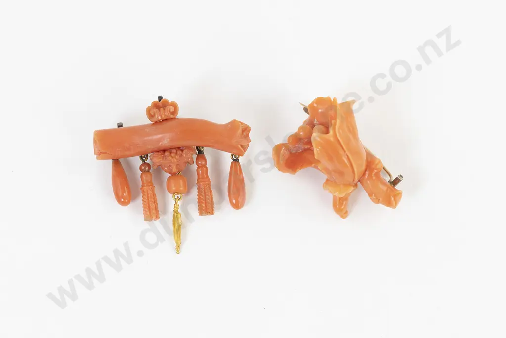 Victorian Carved Pink Coral Brooches Image 1++