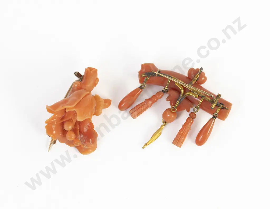 Victorian Carved Pink Coral Brooches Image 1++