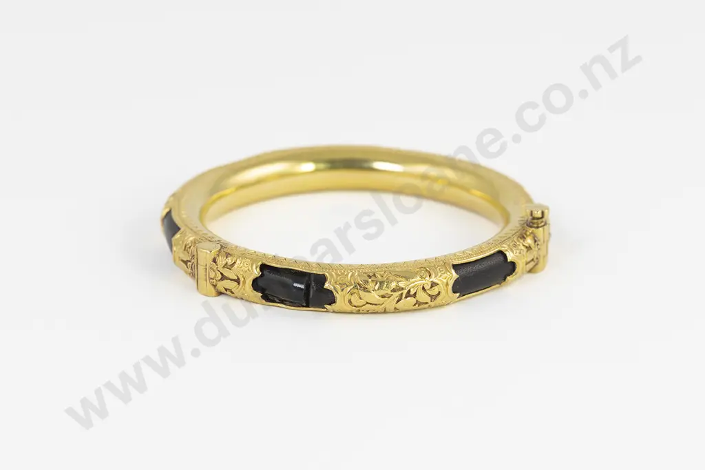 Antique Chinese 18ct Mounted Black Coral Bangle Image 1++